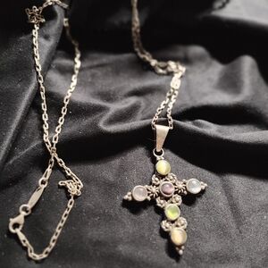 Vintage-Inspired Silver and Yellow Cross Necklace